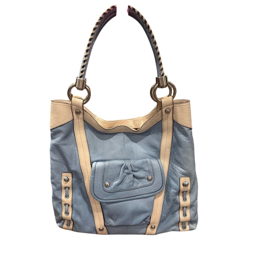B. Makowsky Blue and Cream Shoulder leather laptop message Bag leopard lining